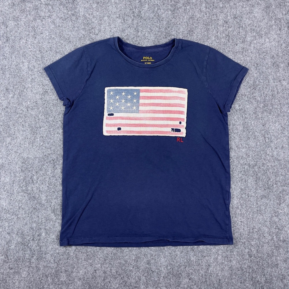 Polo Ralph Lauren T-Shirt Womens M Navy Blue American Flag Distressed Graphic